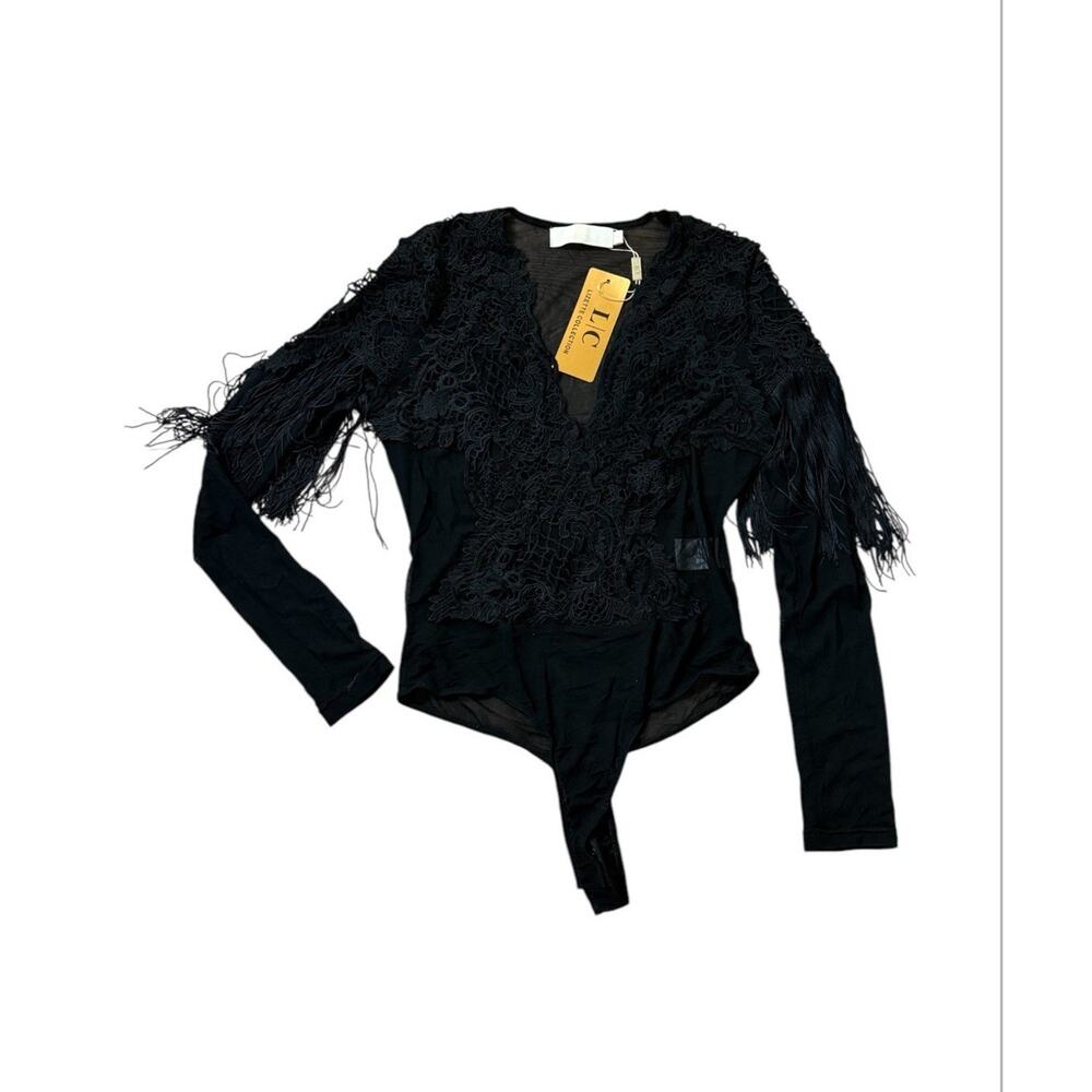 NWT LC SEXY Black Lace Fringe Bodysuit Long Sleeve Sheer Black Long Sleeve M